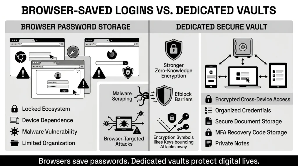 browser-saved logins vs dedicated vaults